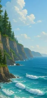 Scenic coastal cliffs with ocean waves and pine trees under a blue sky.