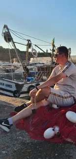 Person mending fishing nets by boat on a sunny coastal morning.