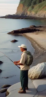 A fisherman casting a line on a peaceful coastline, surrounded by natural beauty.