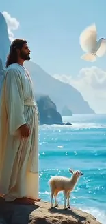 Serene ocean view with man and dove on a cliff.