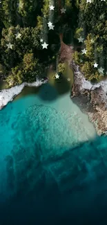 Aerial view of a serene coastline with blue waters and lush greenery.