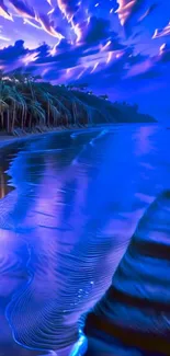 Serene coastal nightscape with blue hues and dreamy sky.