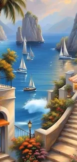 Beautiful coastal scene with sailboats and Mediterranean landscape.