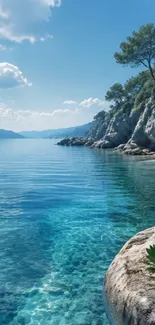 Serene coastal paradise with blue waters and rocky cliffs.