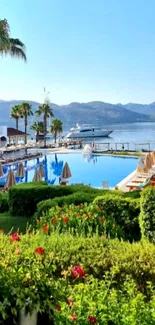 Serene coastal resort wallpaper with pool, greenery, and ocean.