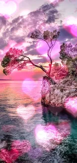 Serene coastal sunset with trees and rocky shoreline.