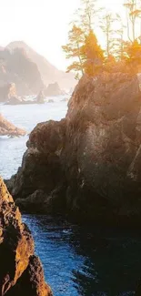 Coastal landscape with rugged cliffs and sunset view.