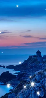 Twilight view of rocky coast with vibrant blue sky and cliffs.