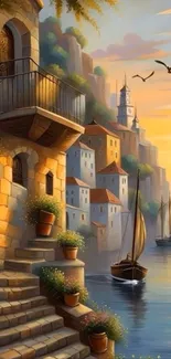 Serene coastal village with sunset reflecting on water.