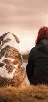 Person and dog enjoying a sunset.