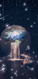 Enchanting cosmic fantasy mobile wallpaper with stars and waterfall.