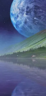 Serene landscape with vibrant planet over a reflective lake.