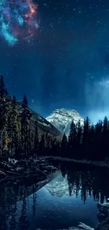 Starry night mountain view with cosmic sky.