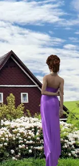 Woman in purple dress by brown cottage with blue sky and greenery.