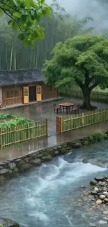 Cottage by a serene stream with green surroundings.