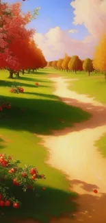 Serene autumn pathway through vibrant countryside scenery.