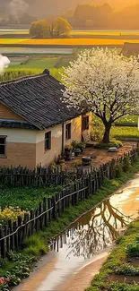 Serene countryside cottage with blooming tree at sunset.