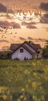 House at sunset in peaceful countryside with birds flying.