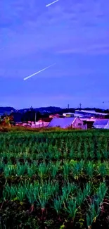 Serene countryside landscape at dusk with green fields and an indigo sky.
