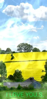 Peaceful countryside with green fields and yellow blooms under a blue sky.