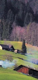 Countryside landscape with cabins and rainbow amidst lush greenery.