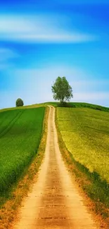 Tranquil countryside road with green hills and a vibrant blue sky.