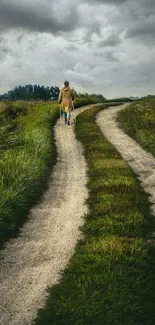 Lone figure on a scenic countryside path under a stormy sky.