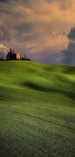 Serene landscape featuring green hills and a sunset sky.