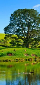 Beautiful landscape with tree and reflective lake.