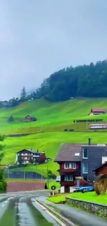 Beautiful countryside wallpaper with green hills and a train.