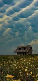 Mammatus clouds over rustic house in flower field.