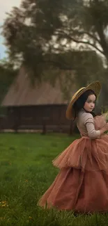 Girl walking in a serene countryside with a hat and vintage dress.