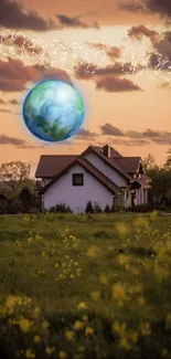 Sunset view of a countryside house with a globe and dreamy sky.