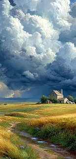 Scenic wallpaper of a countryside house under stormy clouds.