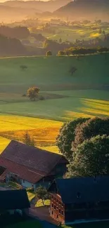 Serene landscape with green fields and sunset view.