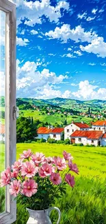 Countryside view from window with flowers in foreground