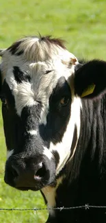 Black and white cow in green pasture.