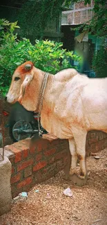 Cow in a lush green courtyard with brick wall backdrop.