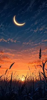 Crescent moon rising over serene evening landscape with vibrant sky at twilight.
