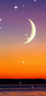 Crescent moon in vibrant sunset sky over calm ocean.