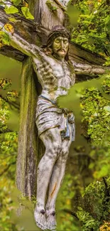 Crucifix surrounded by green foliage