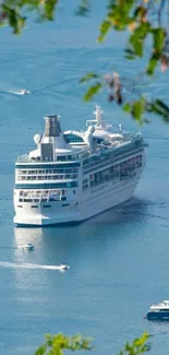 Cruise ship sailing on calm blue waters with lush green surroundings.