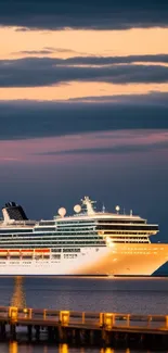 Cruise ship sailing at sunset with a vibrant sky.