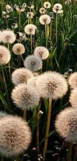 Dandelion field with lush green grass and fluffy white blooms.