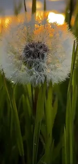 Dew-kissed dandelion in green grass at sunrise.