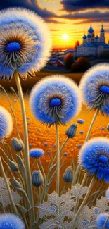 Vibrant dandelion field with castle and sunset.