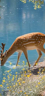 A deer drinks from a tranquil lake surrounded by nature.