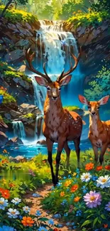 Deer standing near waterfall with flowers.