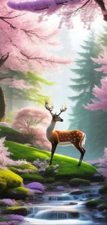 Majestic deer in a pink-blossomed forest, creating a serene mobile wallpaper.