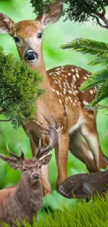 Deer in a lush green forest setting mobile wallpaper.